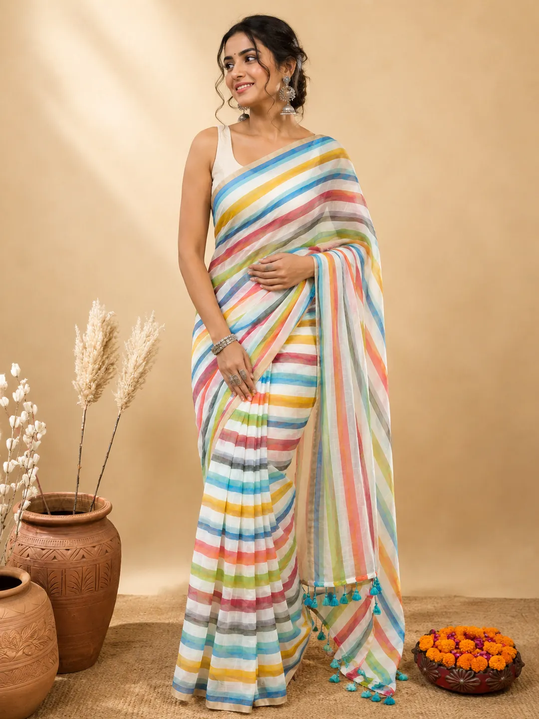 Multicolour Striped Bengal Mul Cotton Saree With Tassel Pallu