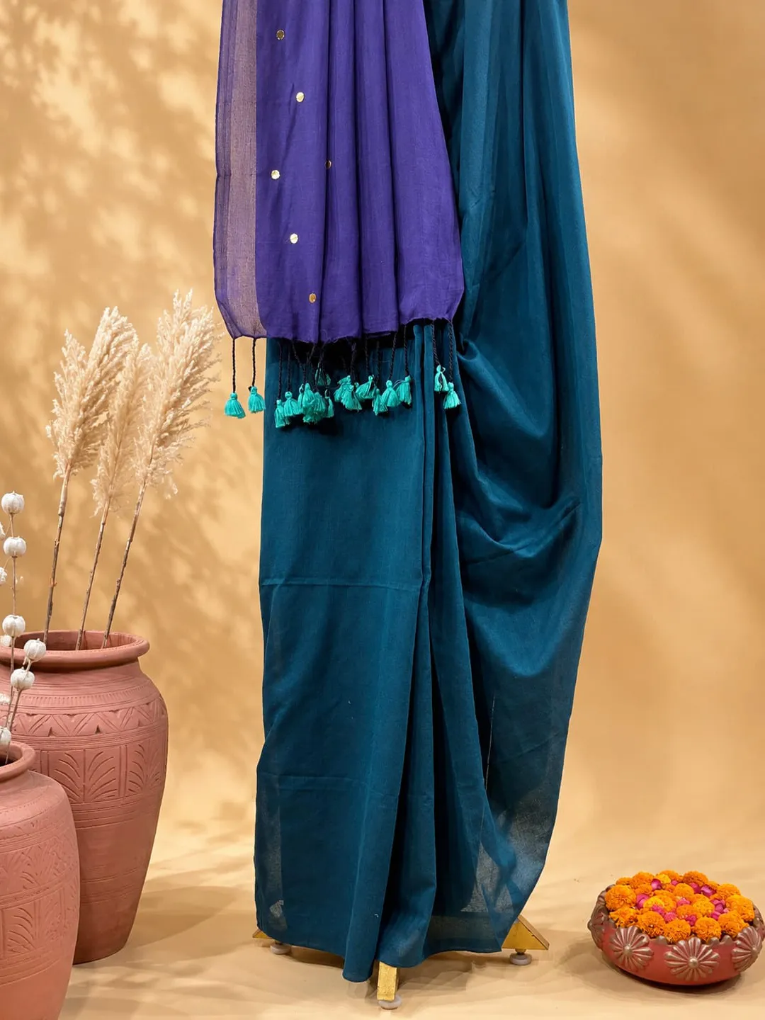 Blue Bengal Cotton Saree With Purple Contrast Pallu & Sequin Buti - View 2
