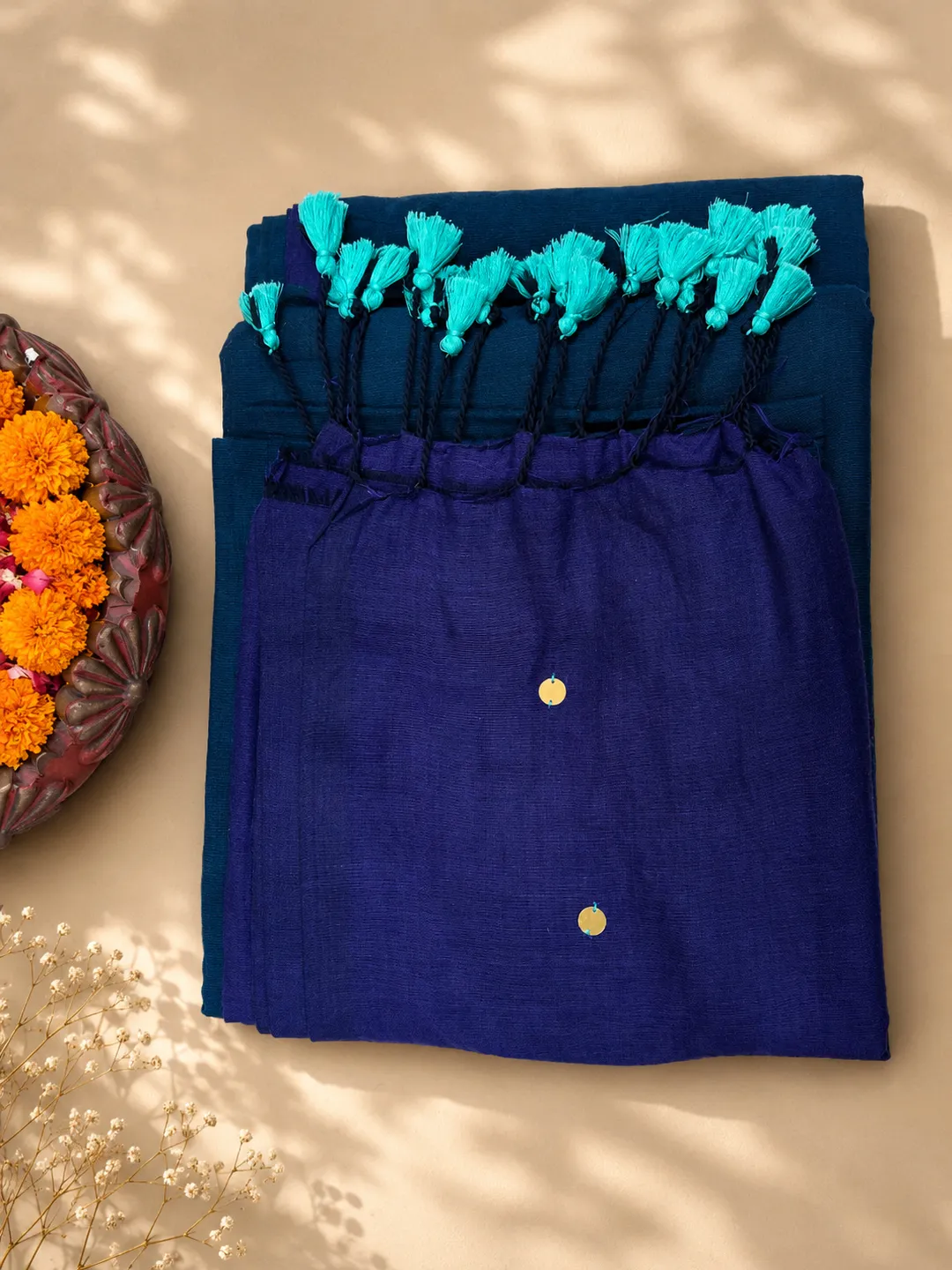 Blue Bengal Cotton Saree With Purple Contrast Pallu & Sequin Buti - View 6