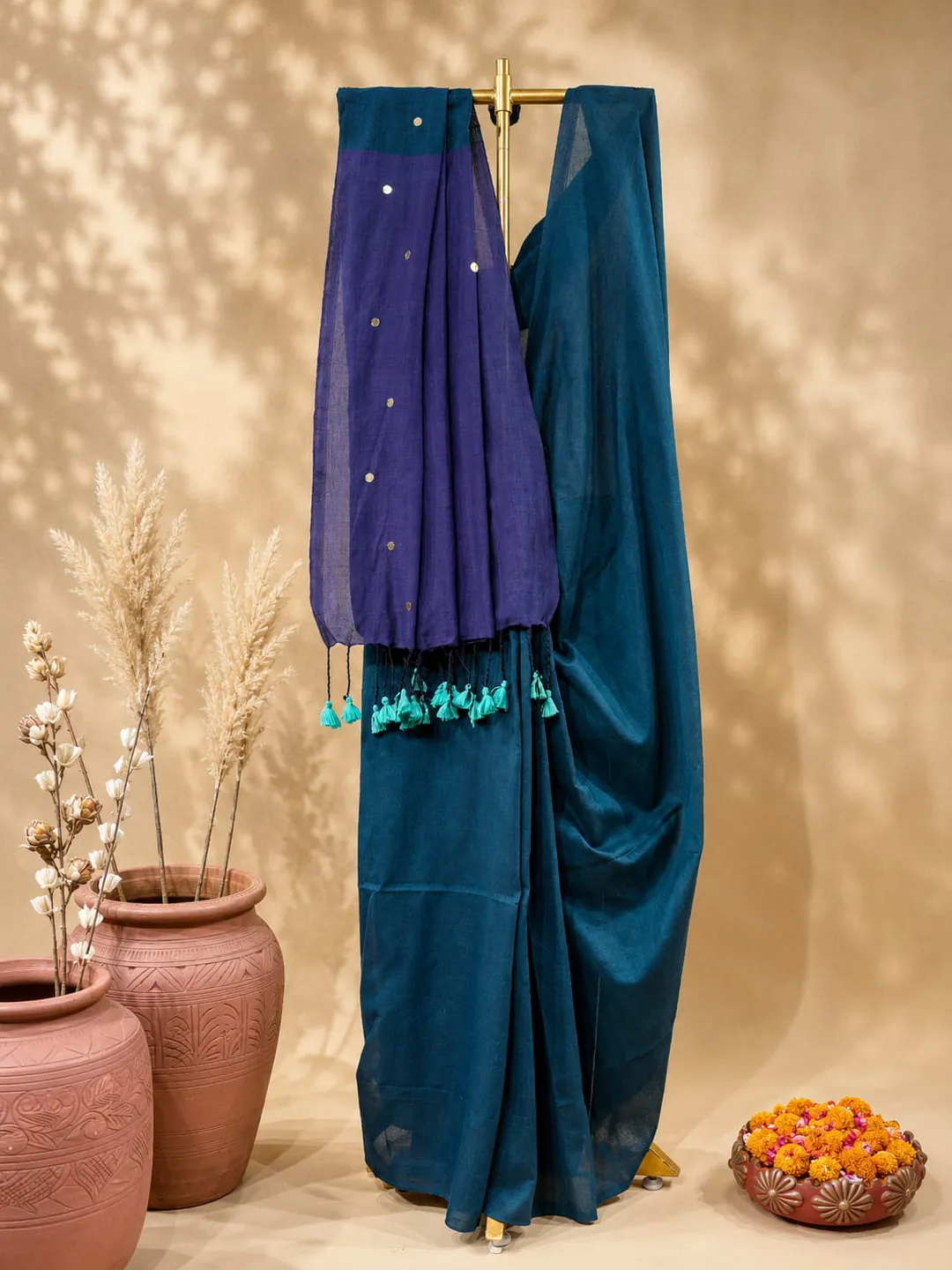 Blue Bengal Cotton Saree With Purple Contrast Pallu & Sequin Buti