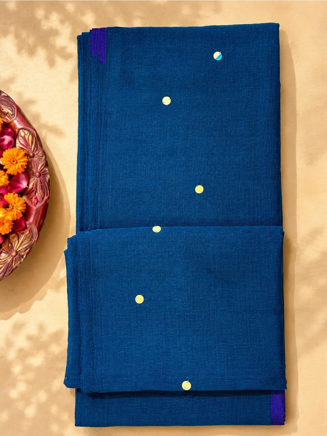 Blue Bengal Cotton Saree With Purple Contrast Pallu & Sequin Buti - View 5