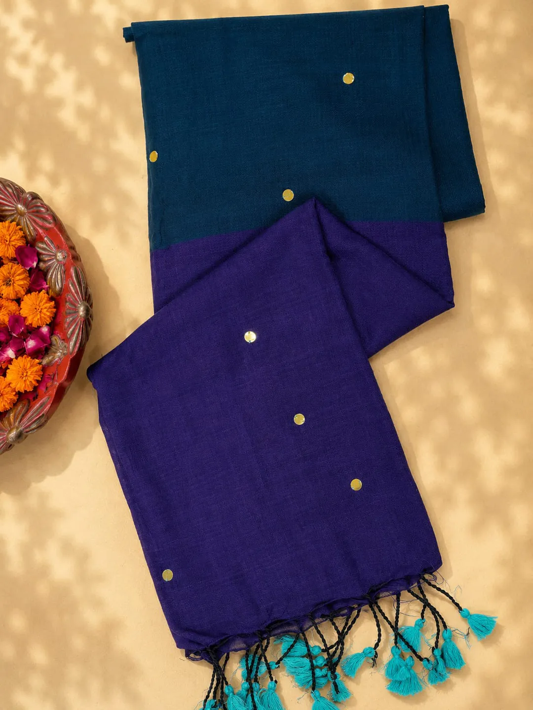 Blue Bengal Cotton Saree With Purple Contrast Pallu & Sequin Buti - View 4