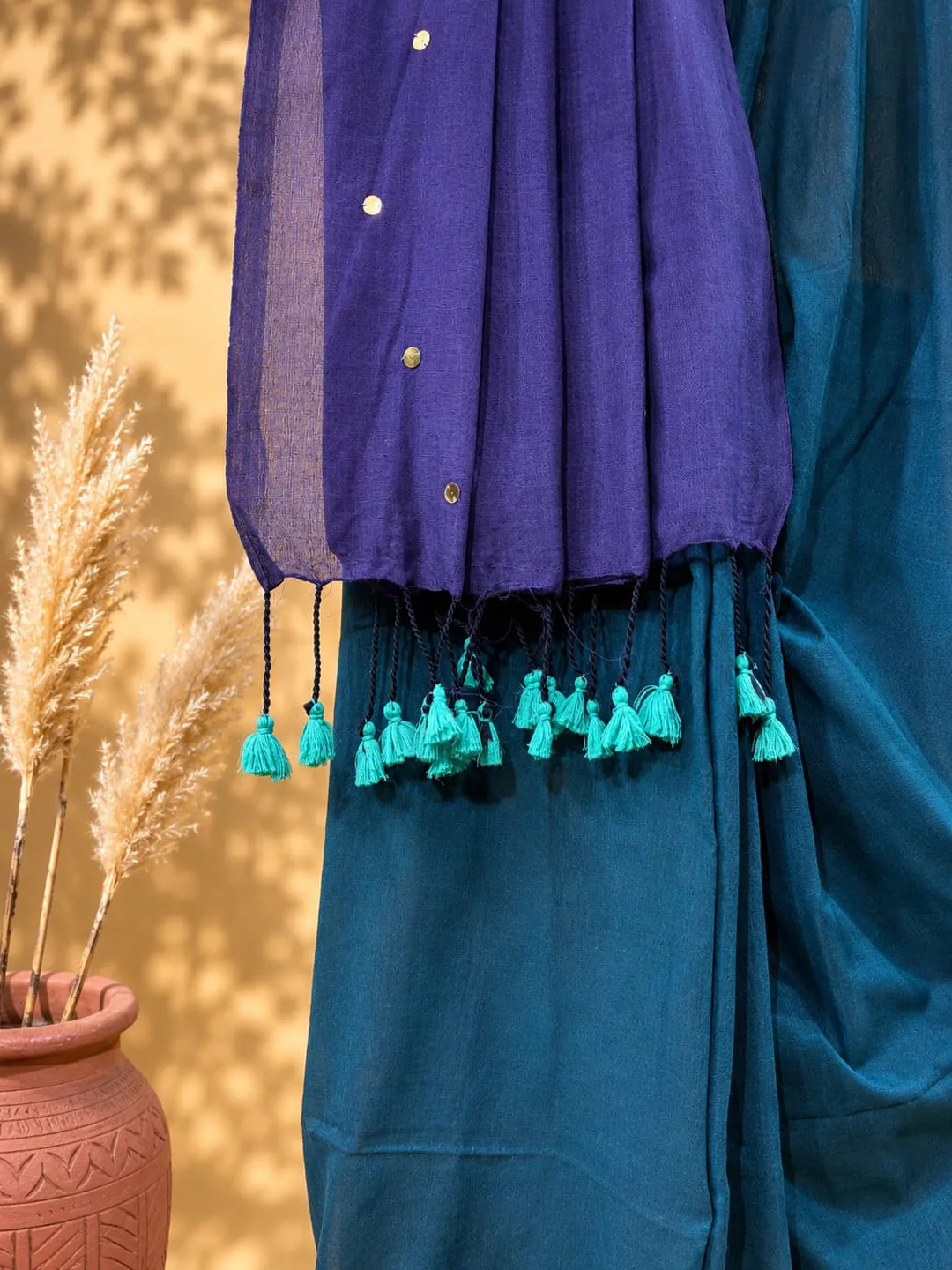 Blue Bengal Cotton Saree With Purple Contrast Pallu & Sequin Buti - View 3