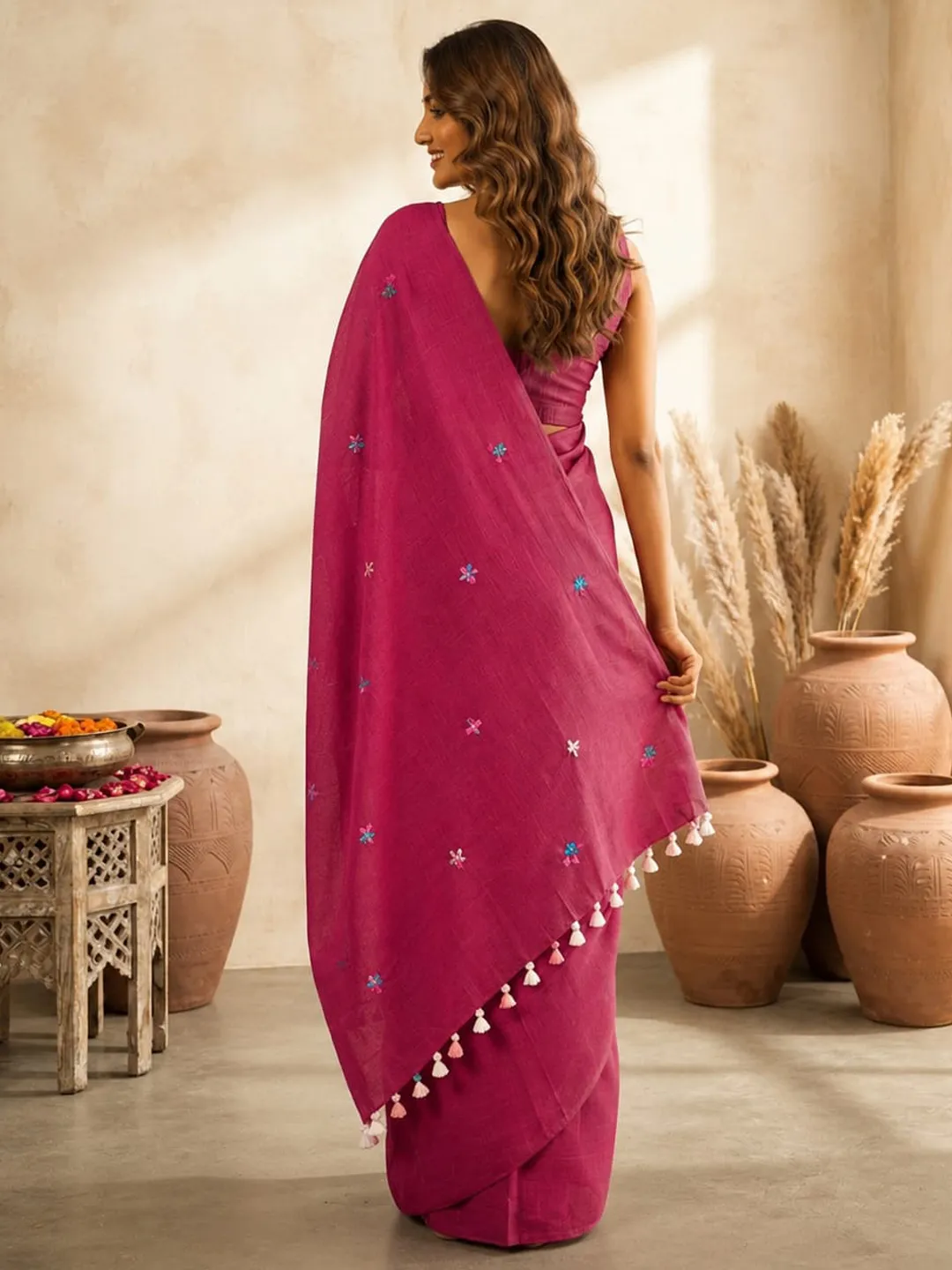 Pink Bengal Cotton Saree With Floral Embroidery & Tassel Pallu - View 2