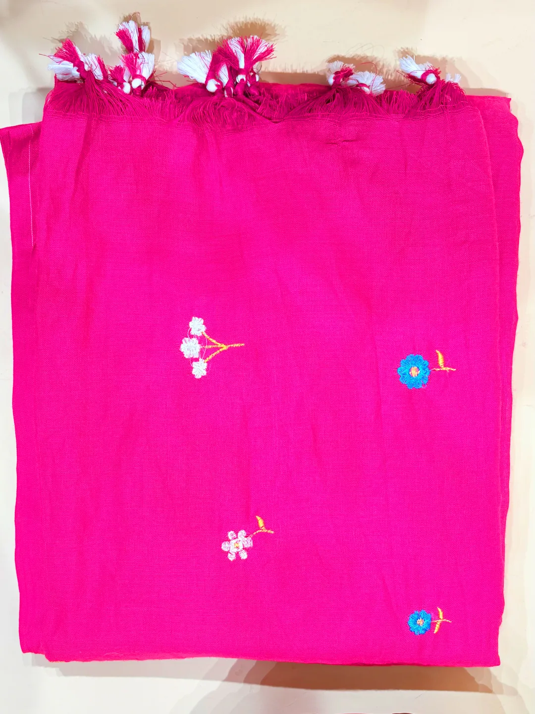 Pink Bengal Cotton Saree With Floral Embroidery & Tassel Pallu - View 7