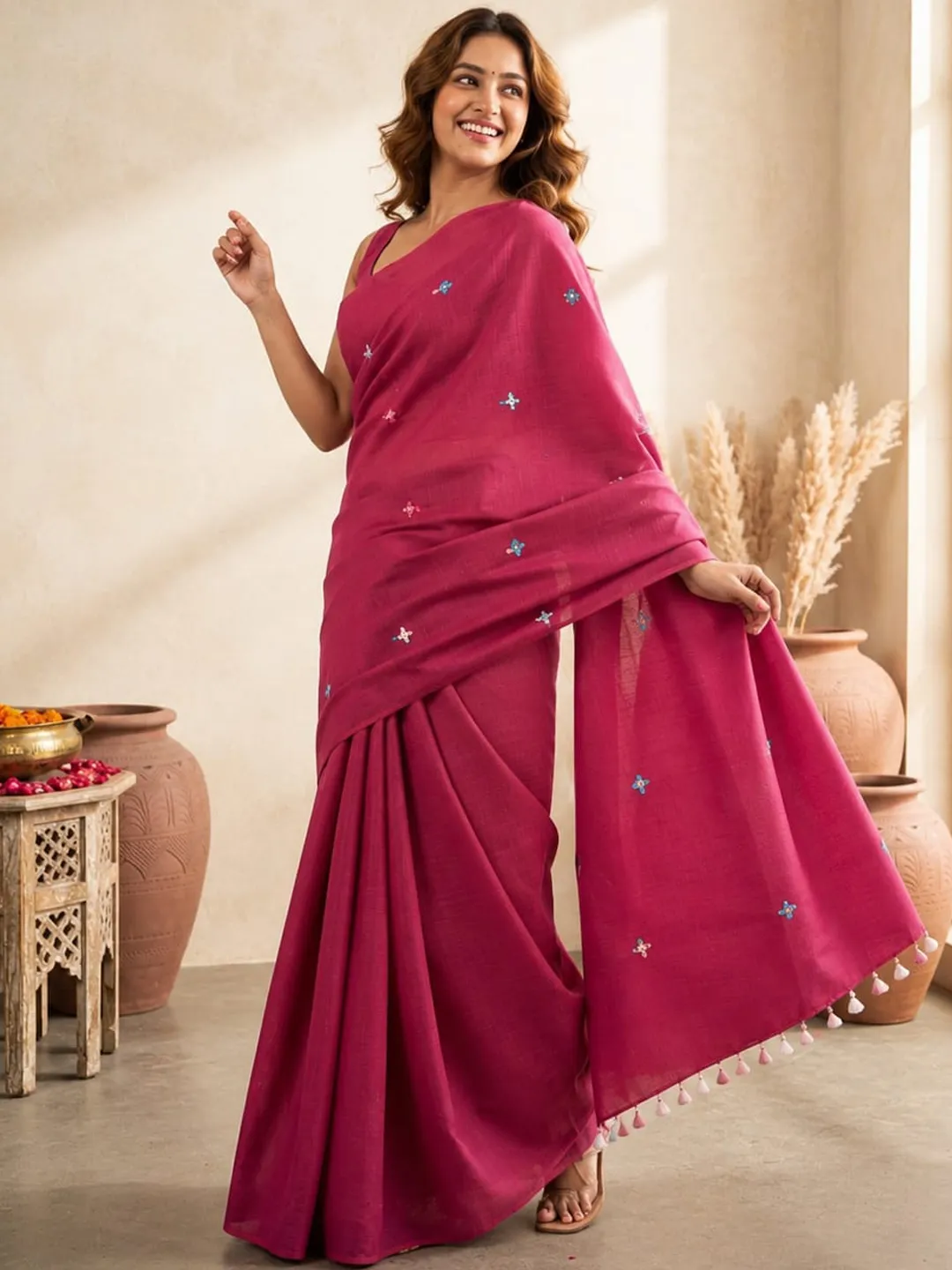 Pink Bengal Cotton Saree With Floral Embroidery & Tassel Pallu