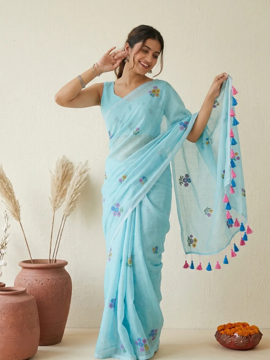 Blue Floral Printed Bengal Mul Cotton Saree With Contrast Tassels
