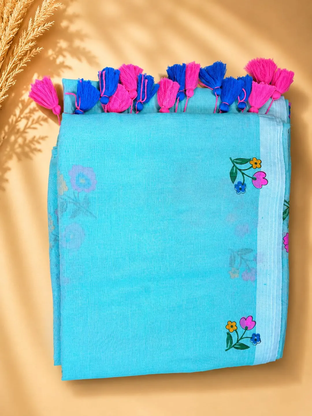 Blue Floral Printed Bengal Mul Cotton Saree With Contrast Tassels - View 8
