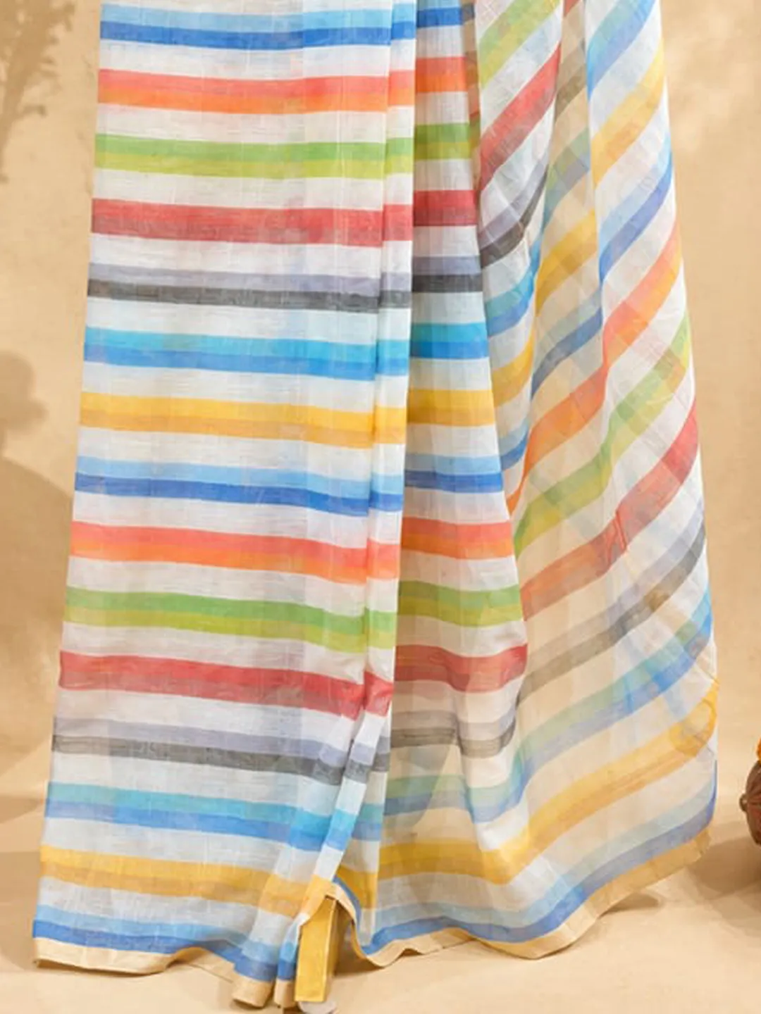 White And Multicolour Striped Bengal Mul Cotton Saree - View 6