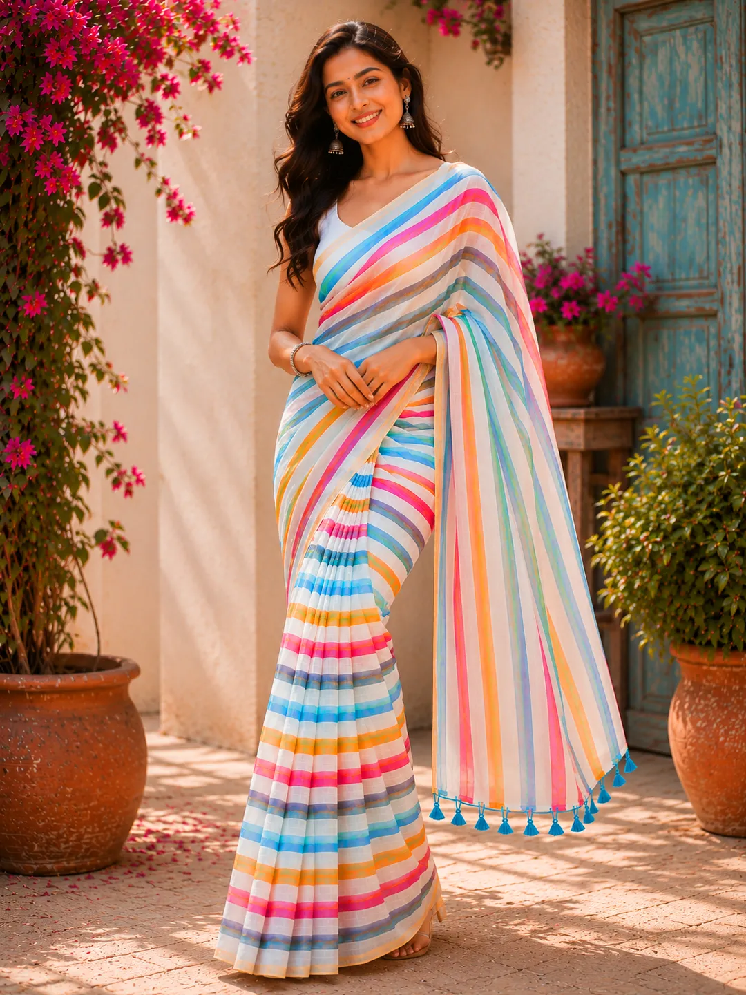White And Multicolour Striped Bengal Mul Cotton Saree - View 1