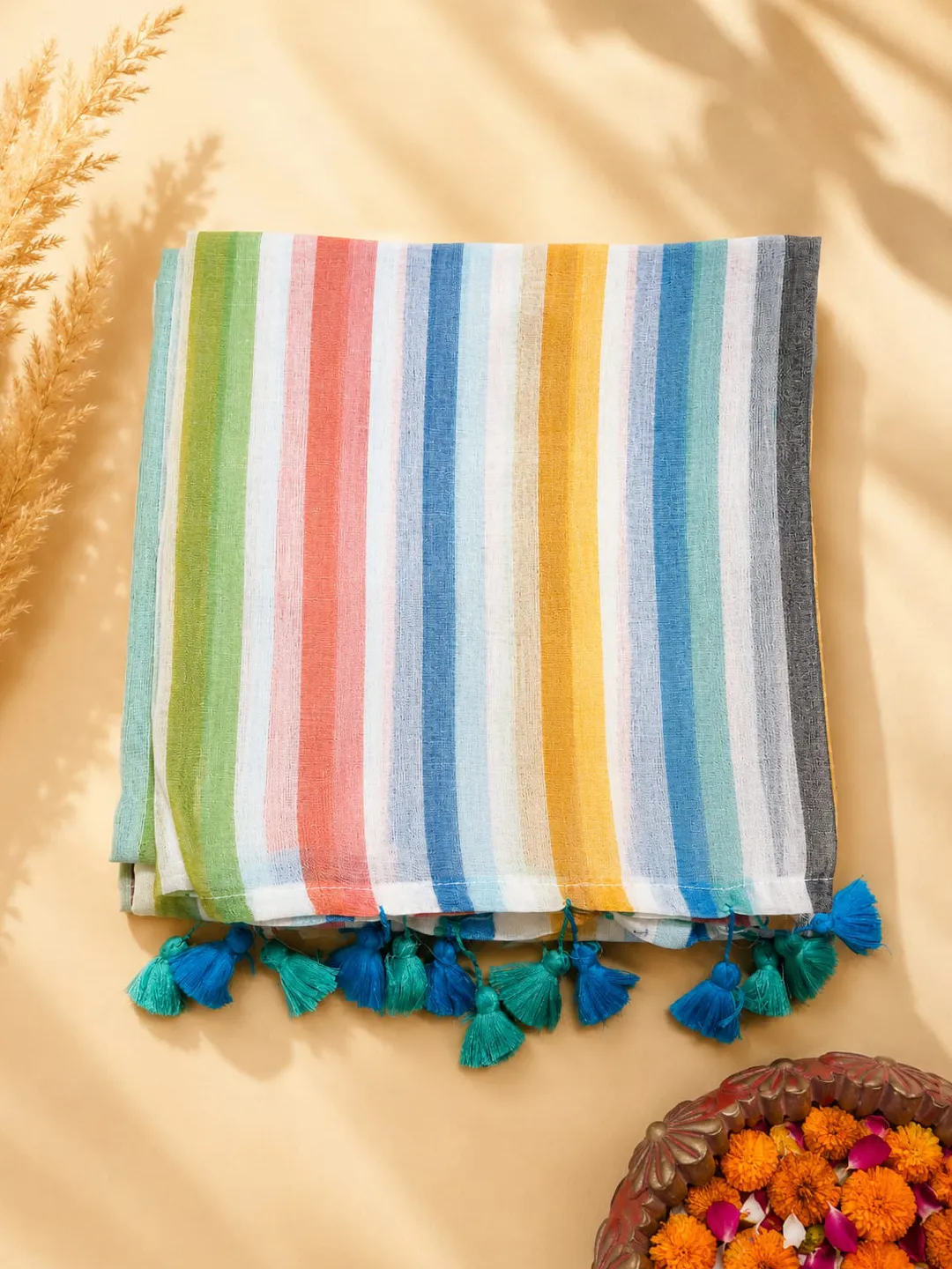 White And Multicolour Striped Bengal Mul Cotton Saree - View 7