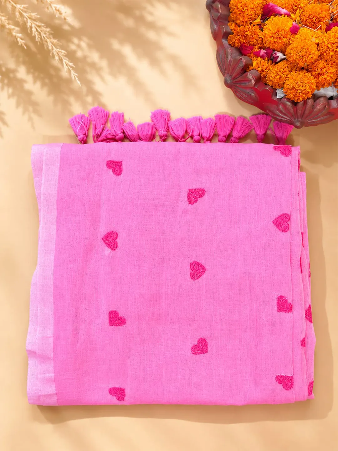 Pink Heart Embroidery Bengal Mul Cotton Saree With Tassels - View 6