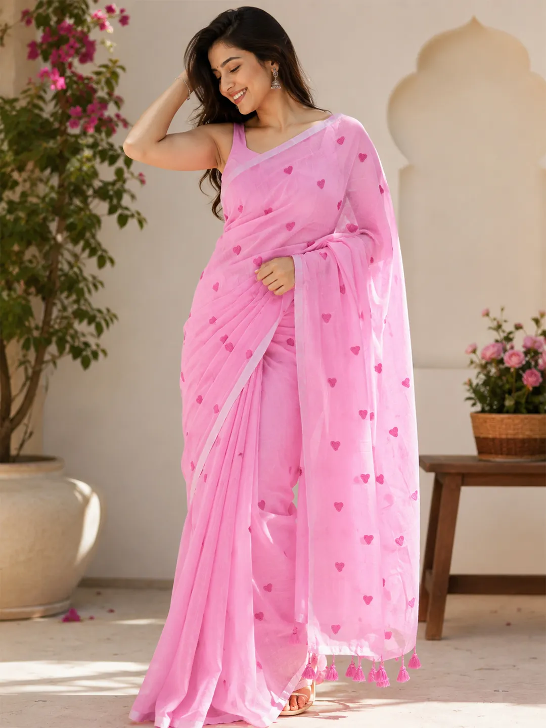 Pink Heart Embroidery Bengal Mul Cotton Saree With Tassels