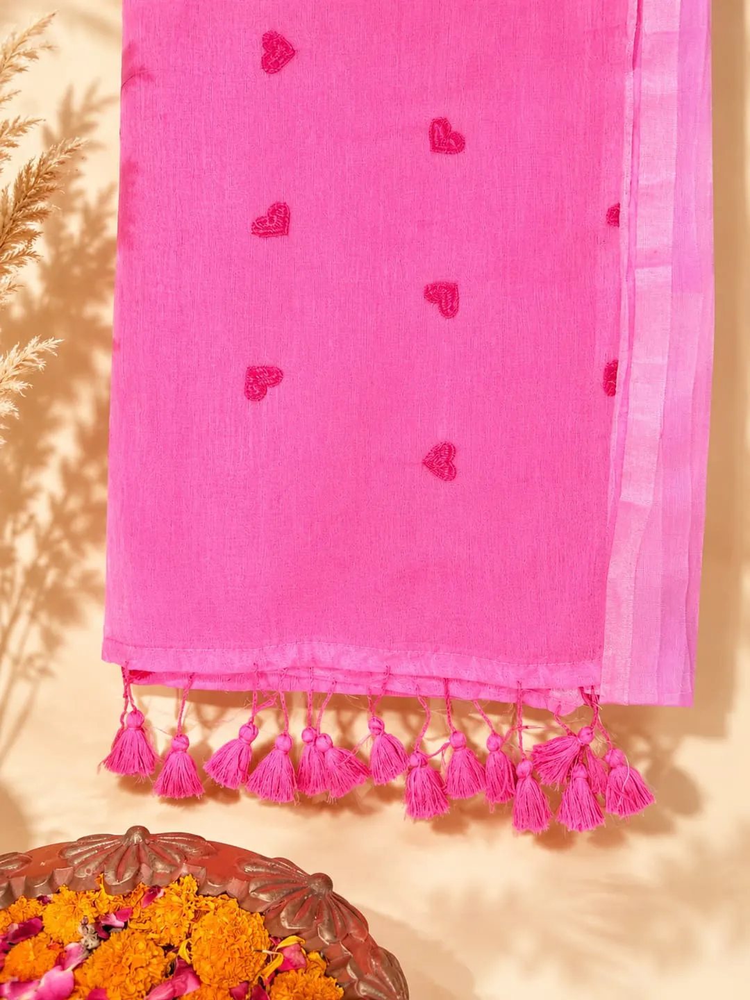 Pink Heart Embroidery Bengal Mul Cotton Saree With Tassels - View 7