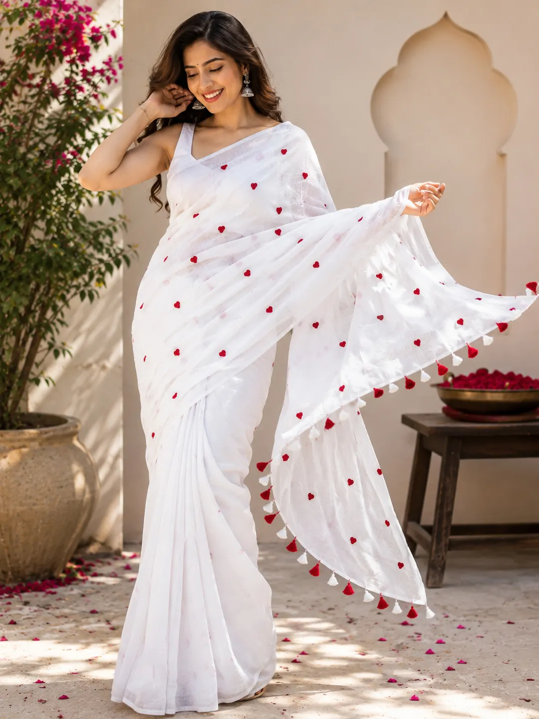 White Heart Embroidered Bengal Mul Cotton Saree With Tassels