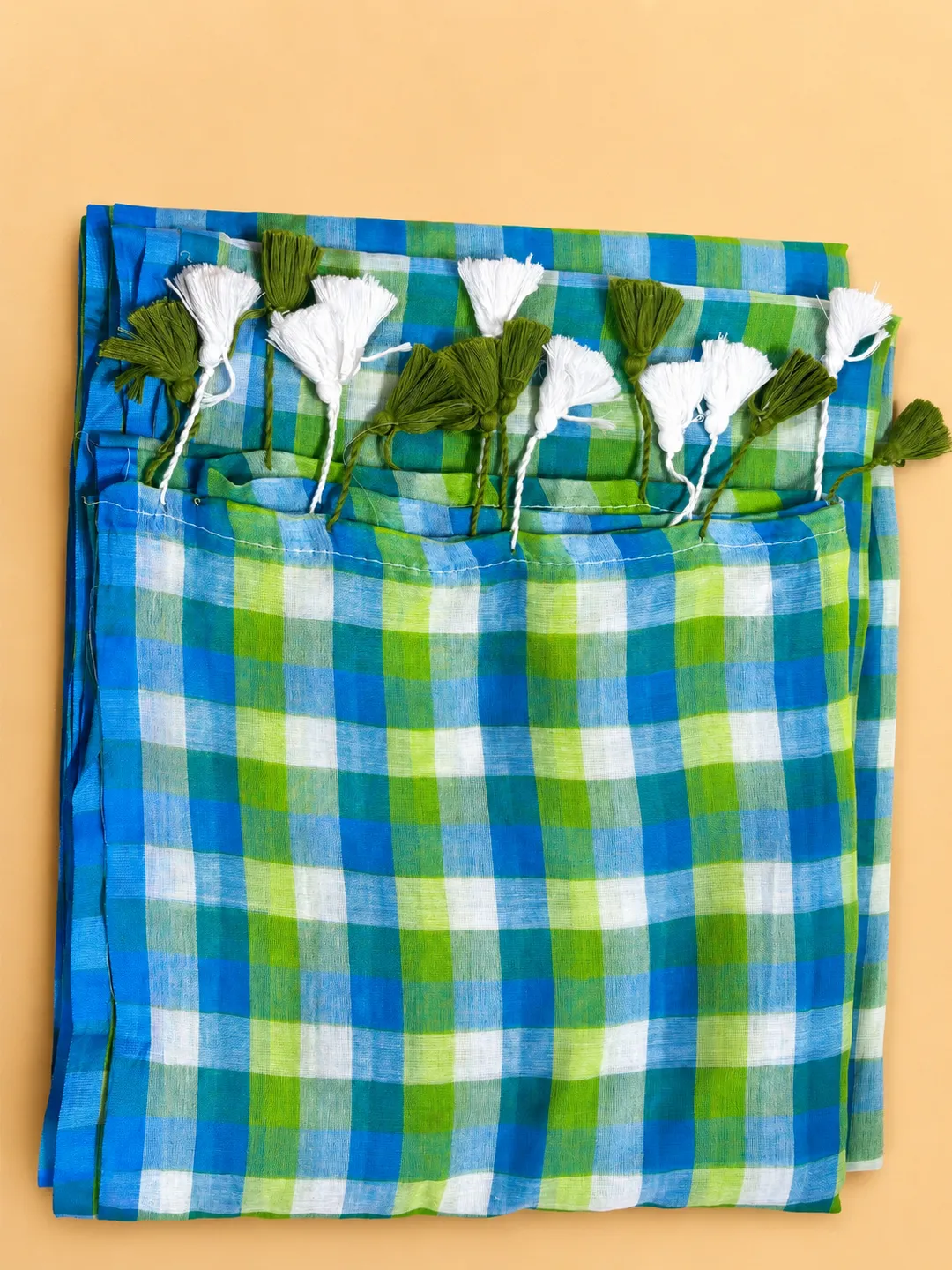 Blue Green Checked Gamcha Mul Cotton Silk Saree With Tassels - View 7