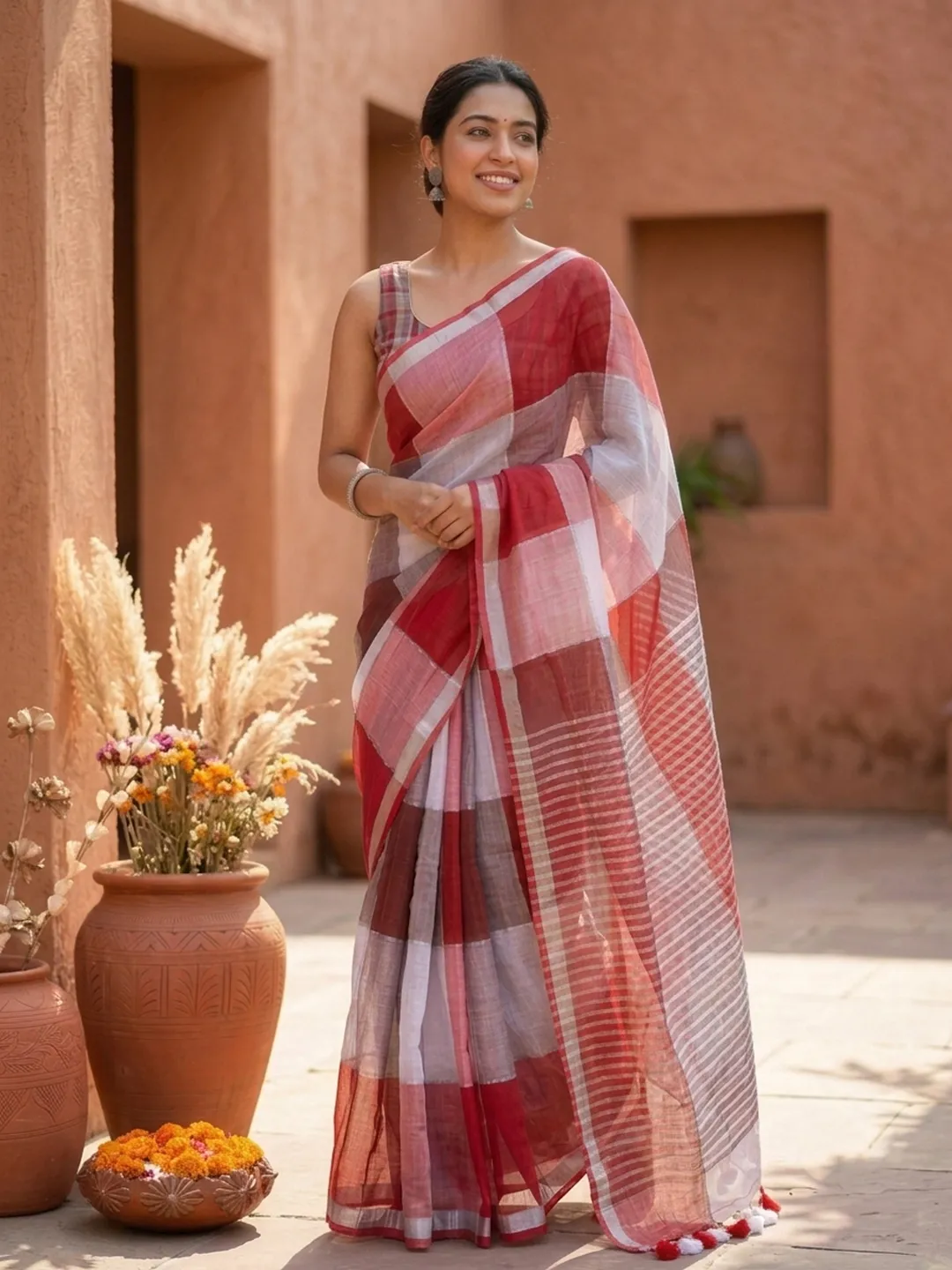 Red And White Colour Block Bengal Mul Cotton Saree With Tassels
