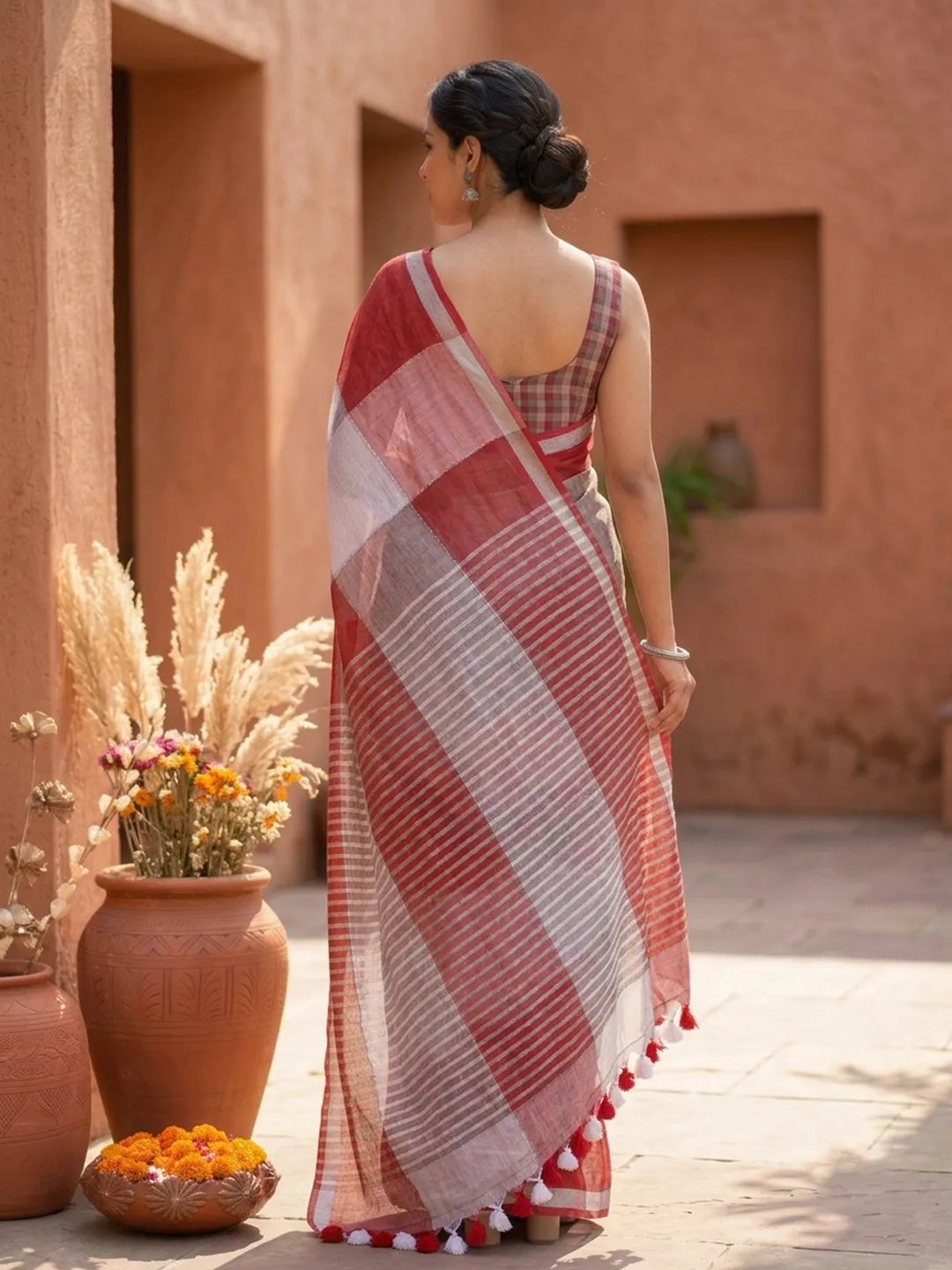 Red And White Colour Block Bengal Mul Cotton Saree With Tassels - View 2