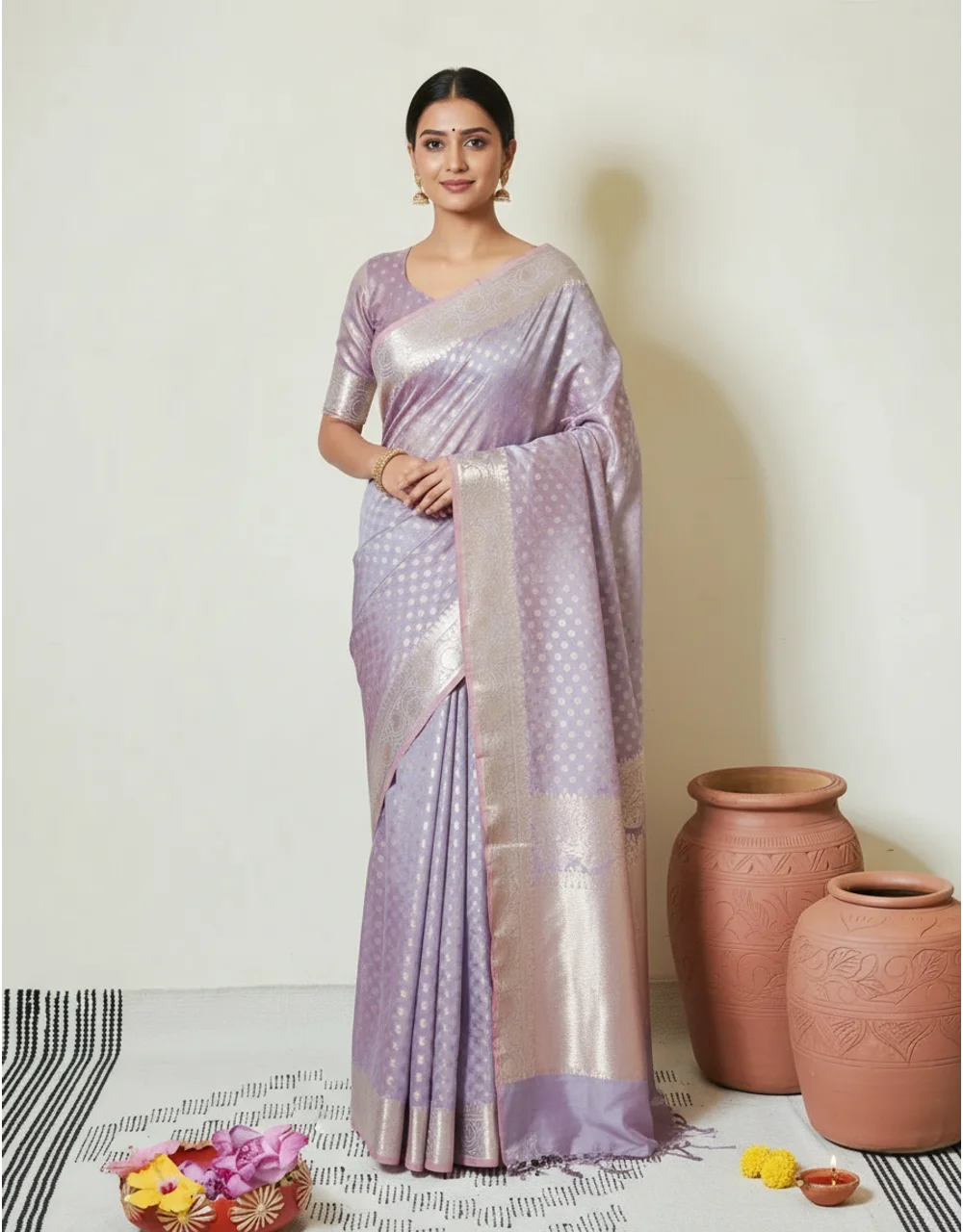 Lavender Mercerised Cotton Saree With Silver Zari Booti And Floral Weave