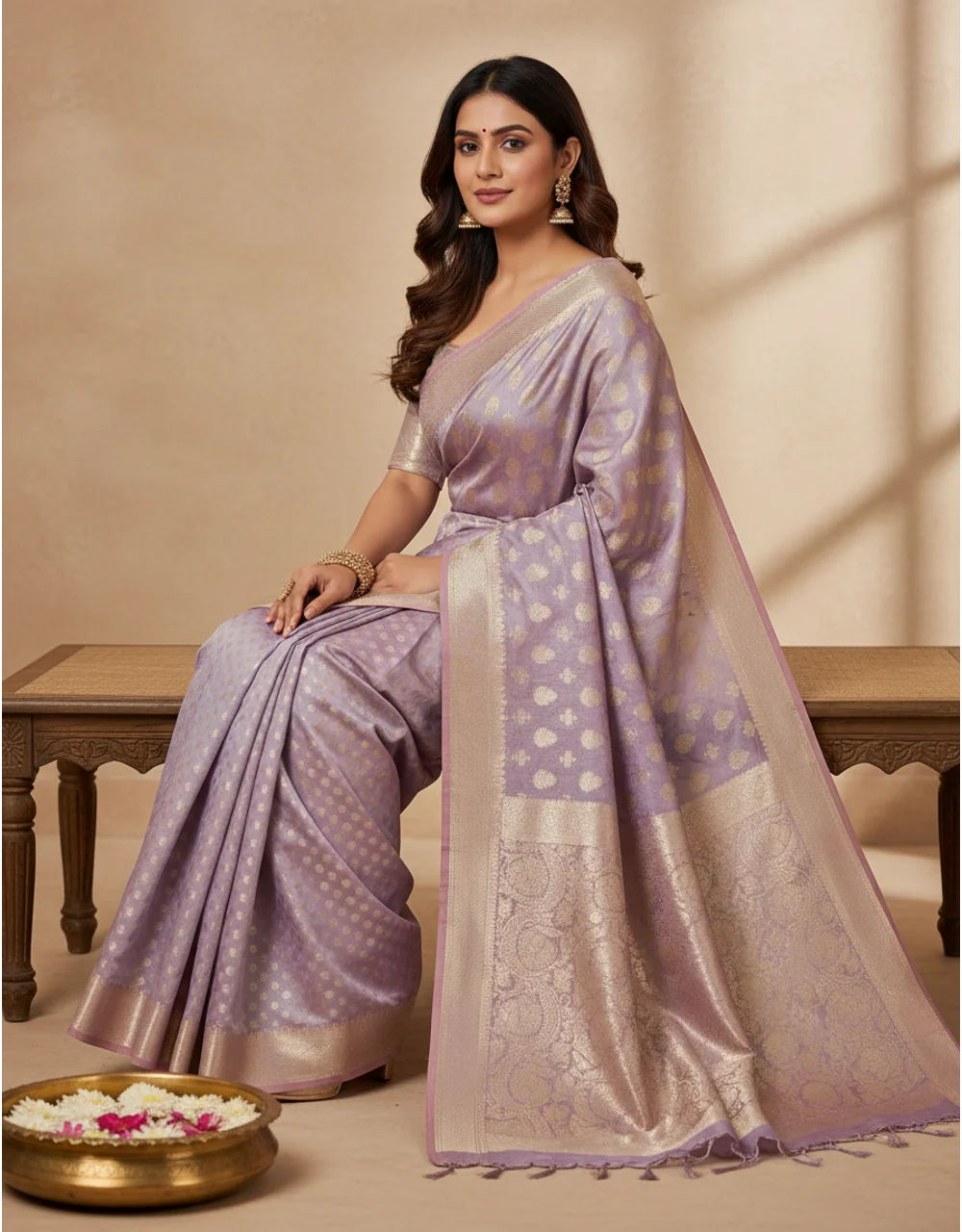 Hovered view of Lavender Mercerised Cotton Saree With Silver Zari Booti And Floral Weave