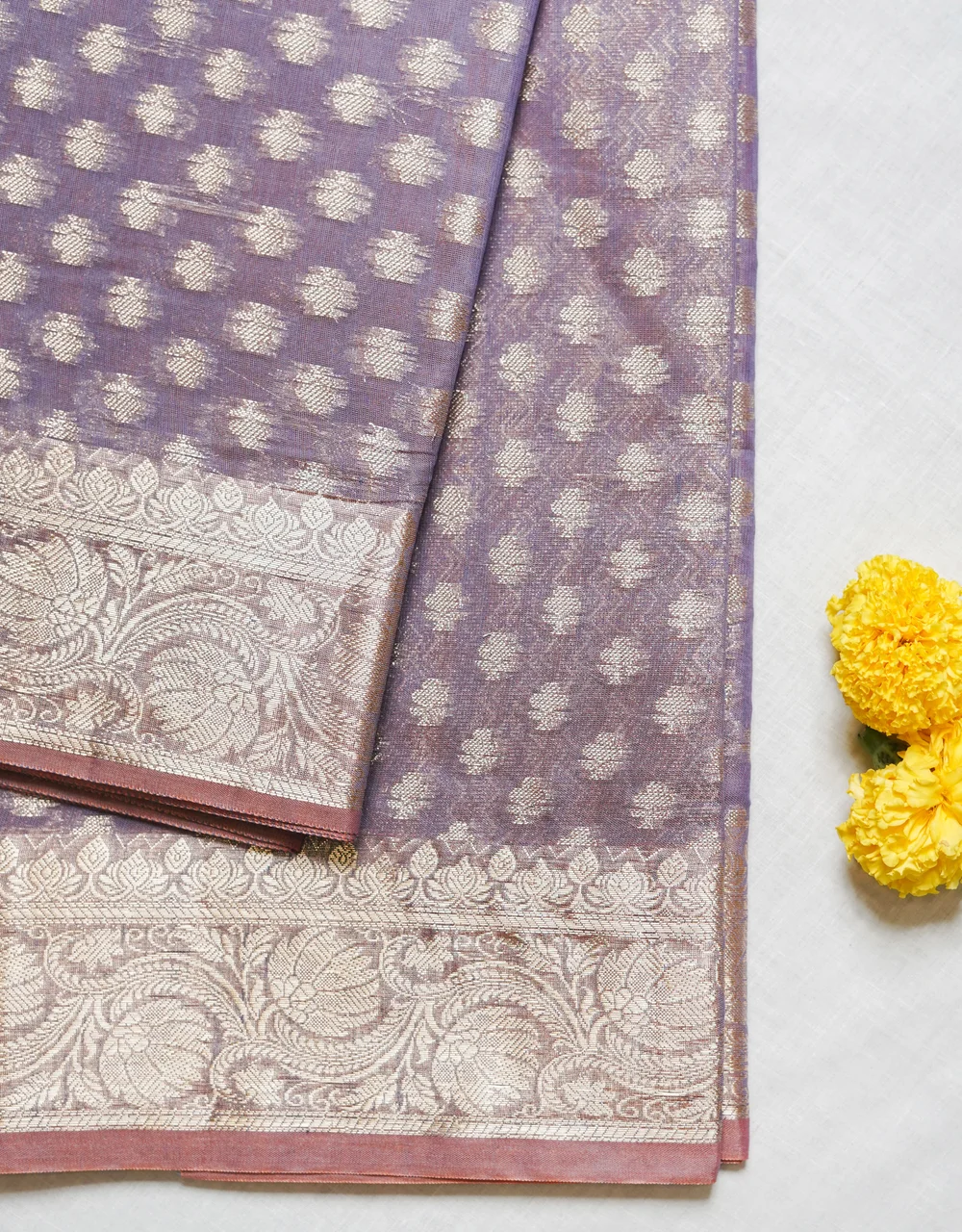 Lavender Mercerised Cotton Saree With Silver Zari Booti And Floral Weave - View 3