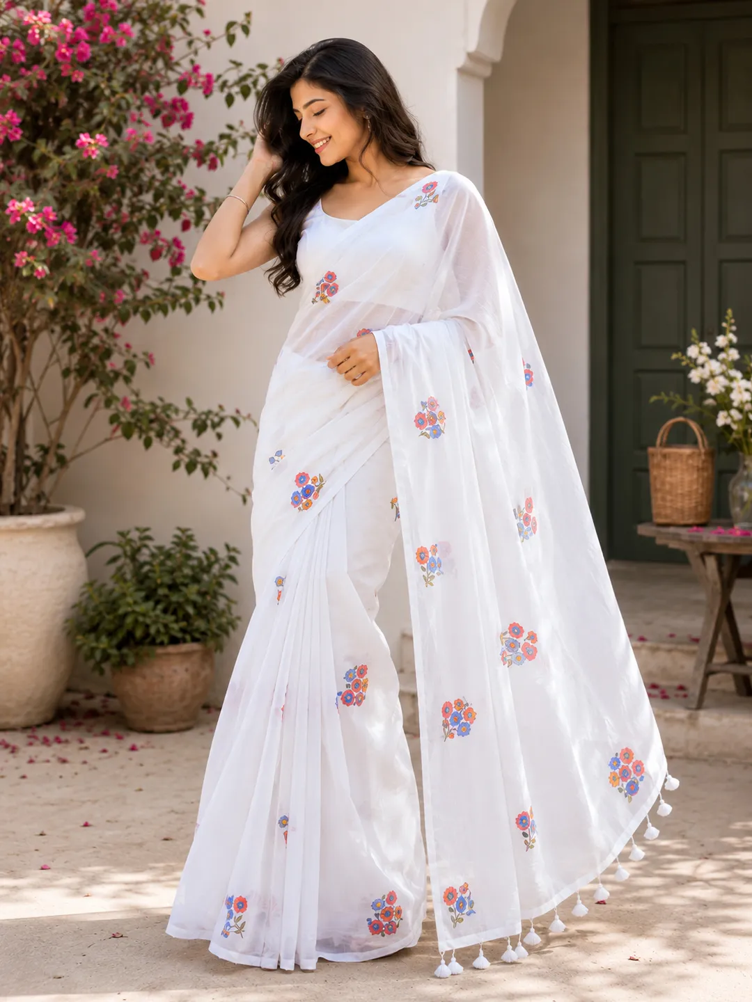White Floral Print Bengal Mul Cotton Saree With Tassels