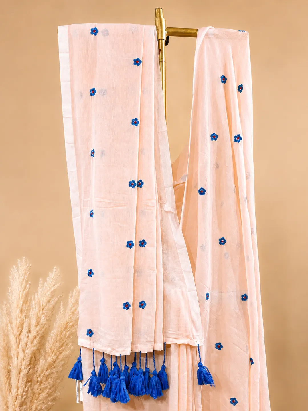 Peach Bengal Mul Cotton Saree With Blue Floral Embroidery & Tassels - View 4