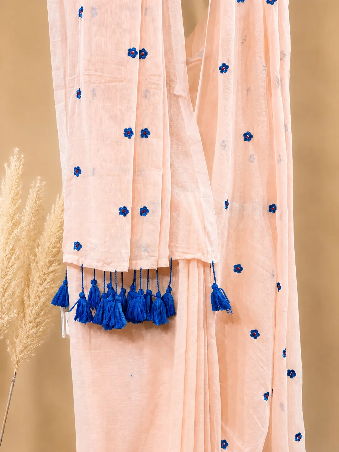 Peach Bengal Mul Cotton Saree With Blue Floral Embroidery & Tassels - View 5
