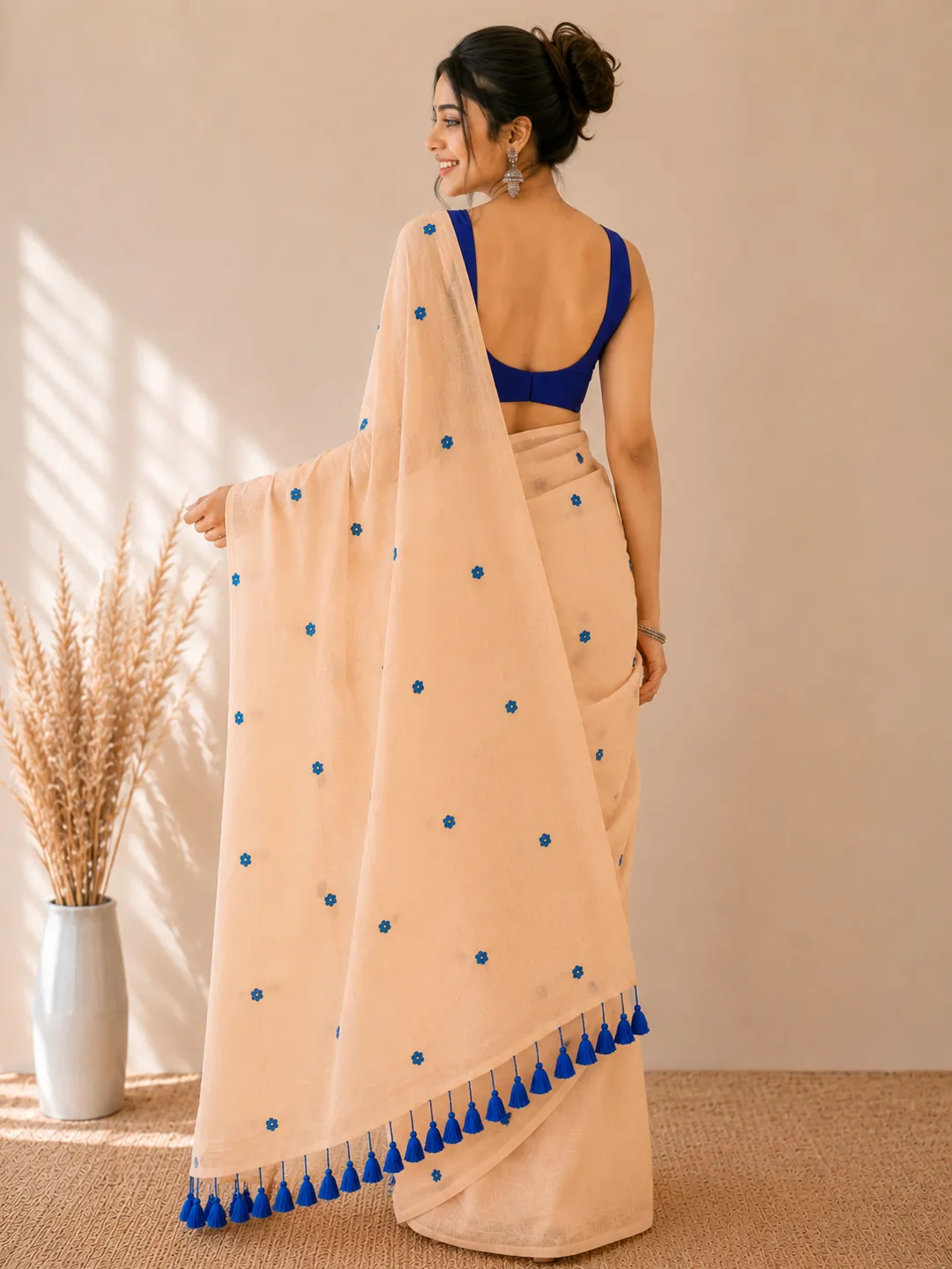 Peach Bengal Mul Cotton Saree With Blue Floral Embroidery & Tassels - View 2