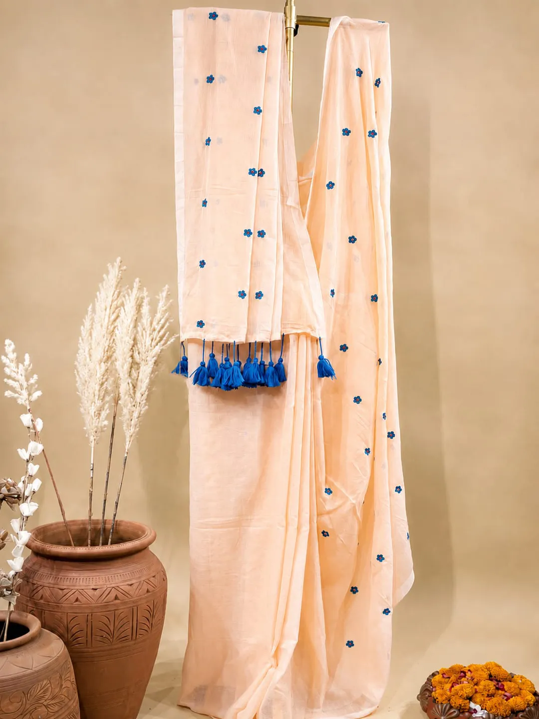 Peach Bengal Mul Cotton Saree With Blue Floral Embroidery & Tassels - View 3