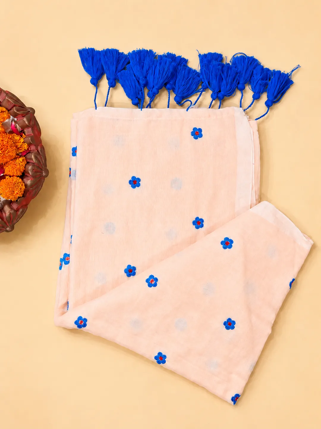 Peach Bengal Mul Cotton Saree With Blue Floral Embroidery & Tassels - View 7