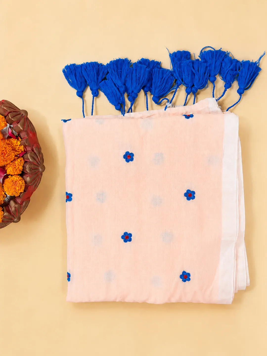 Peach Bengal Mul Cotton Saree With Blue Floral Embroidery & Tassels - View 8