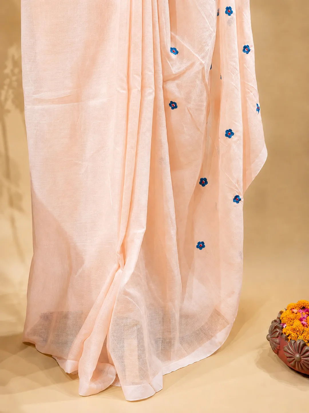 Peach Bengal Mul Cotton Saree With Blue Floral Embroidery & Tassels - View 6