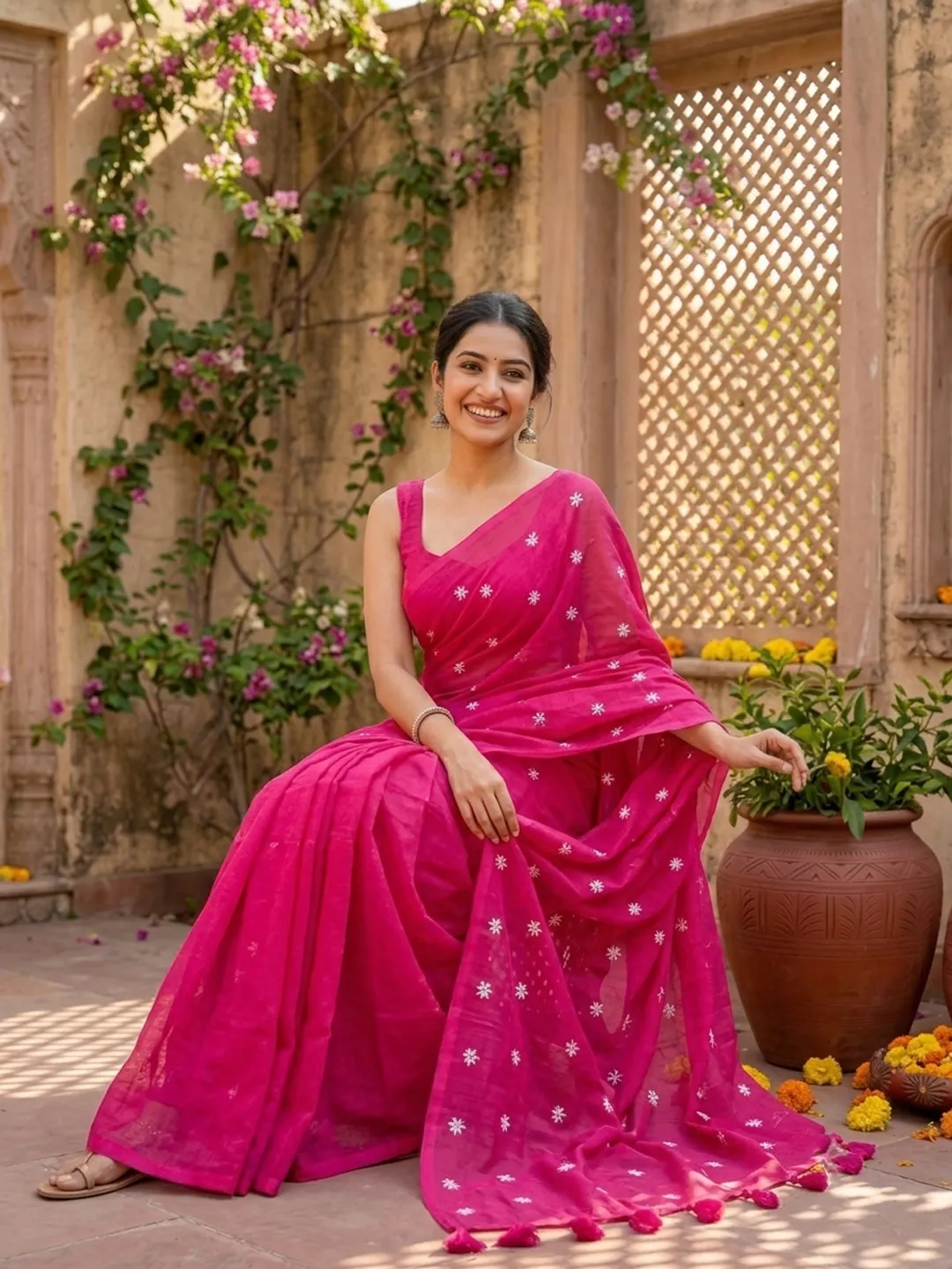 Pink Bengal Khadi Cotton Saree With Floral Embroidery & Tassels - View 2
