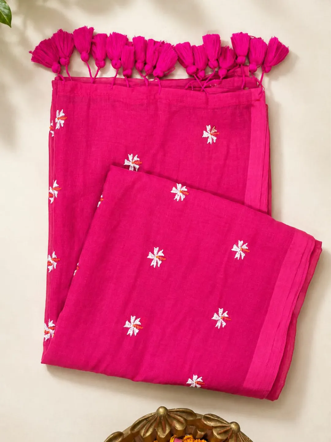 Pink Bengal Khadi Cotton Saree With Floral Embroidery & Tassels - View 6