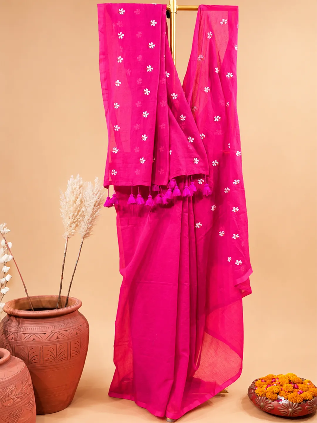 Pink Bengal Khadi Cotton Saree With Floral Embroidery & Tassels - View 3