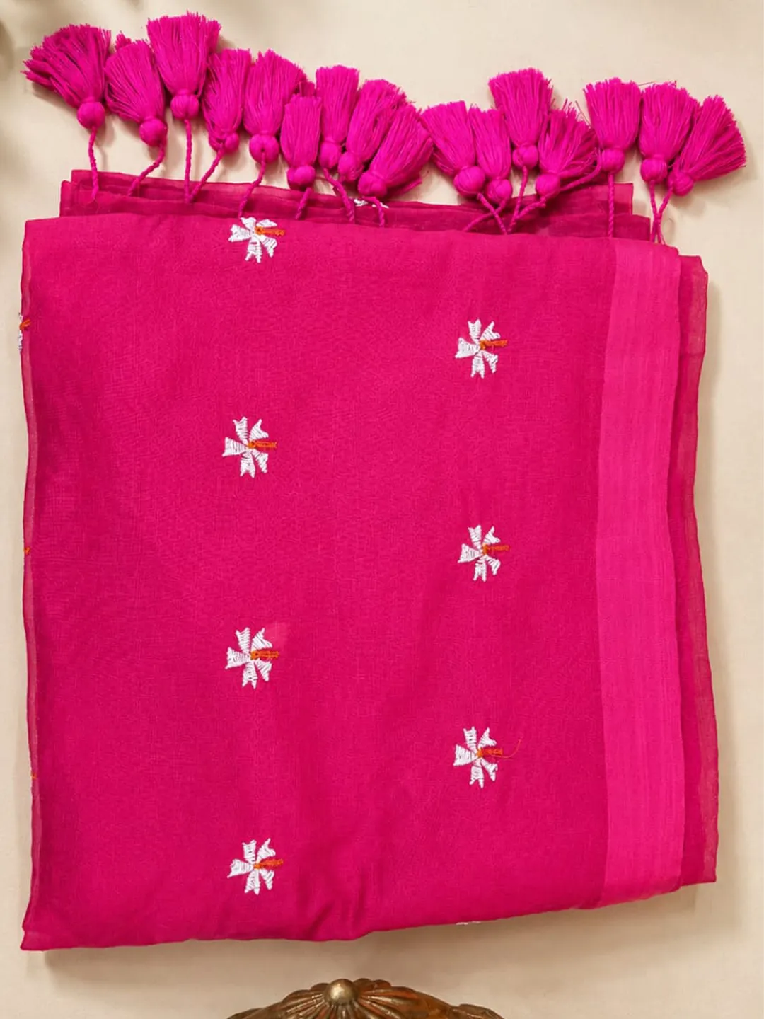 Pink Bengal Khadi Cotton Saree With Floral Embroidery & Tassels - View 7