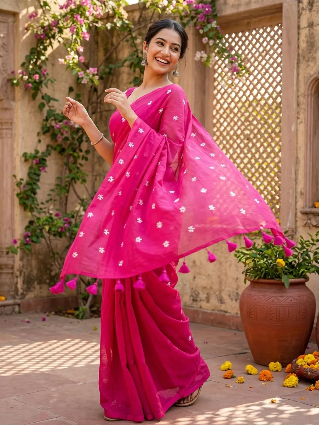 Pink Bengal Khadi Cotton Saree With Floral Embroidery & Tassels - View 1