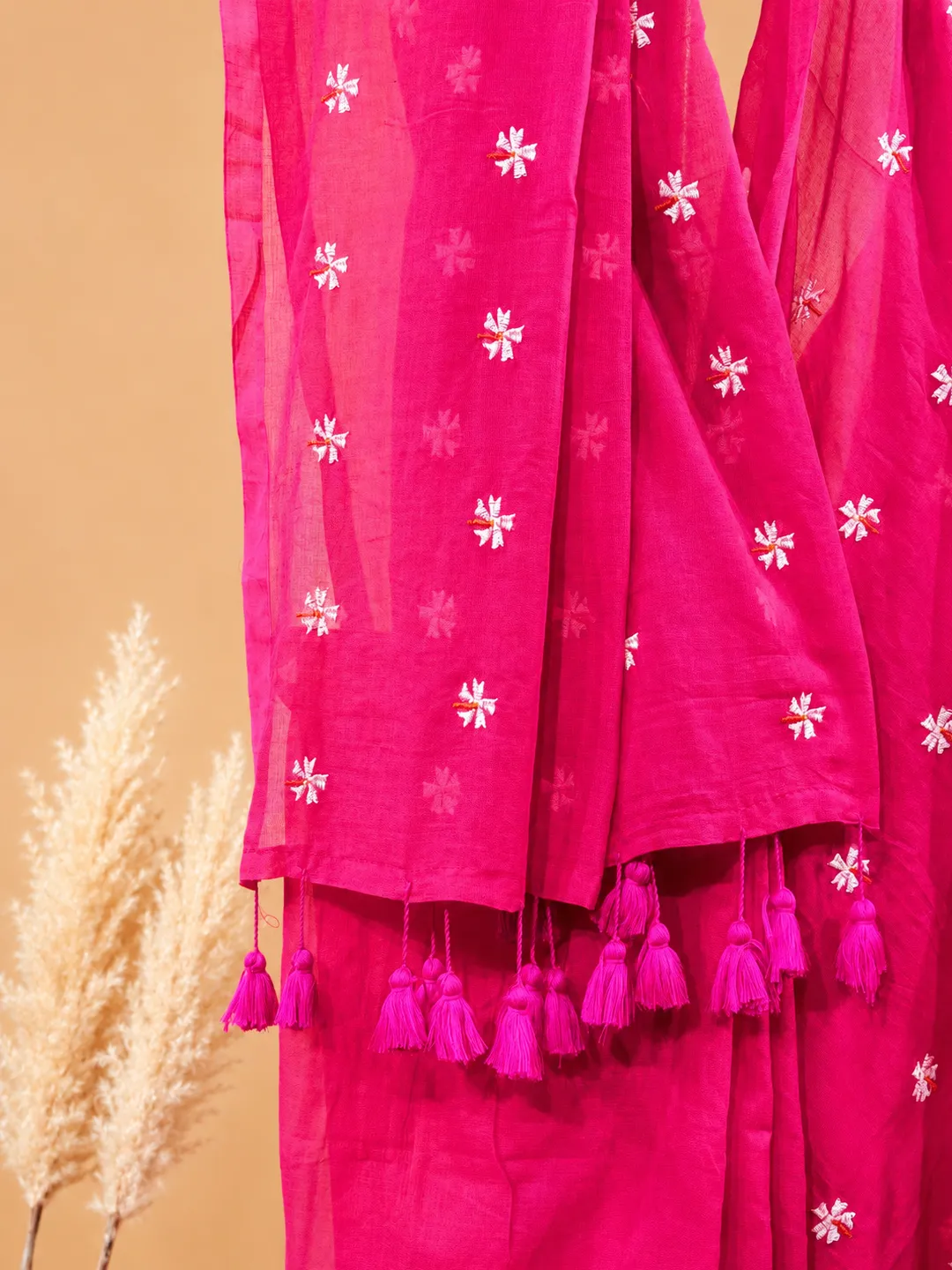 Pink Bengal Khadi Cotton Saree With Floral Embroidery & Tassels - View 5