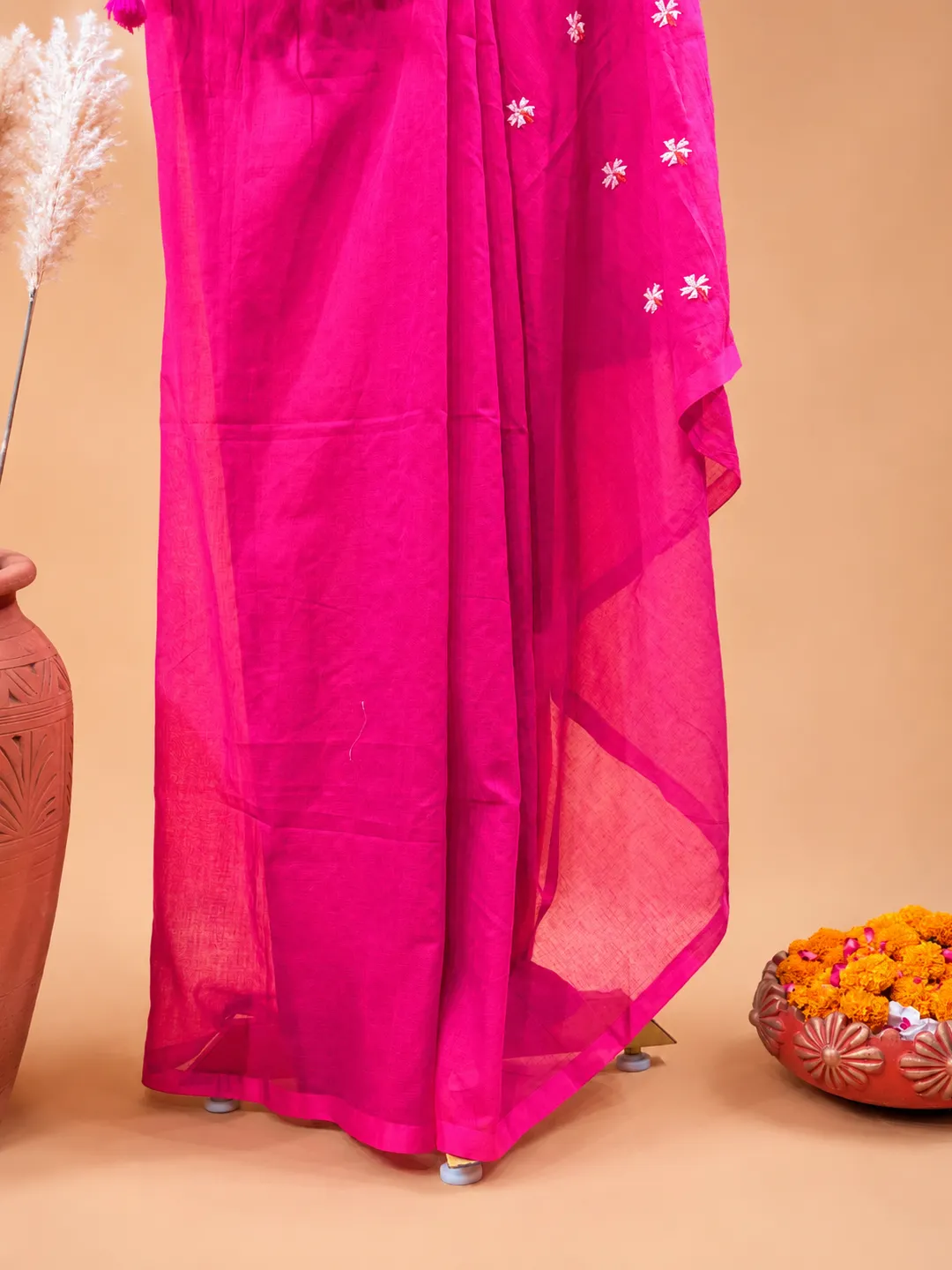 Pink Bengal Khadi Cotton Saree With Floral Embroidery & Tassels - View 4