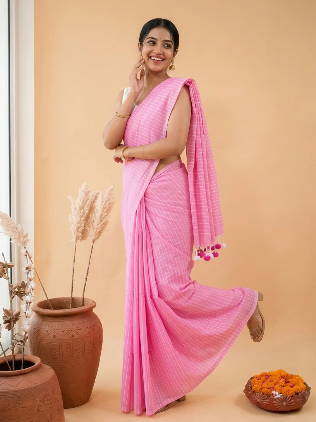 Pink Pink Striped Bengal Mul Cotton Saree With Tassels