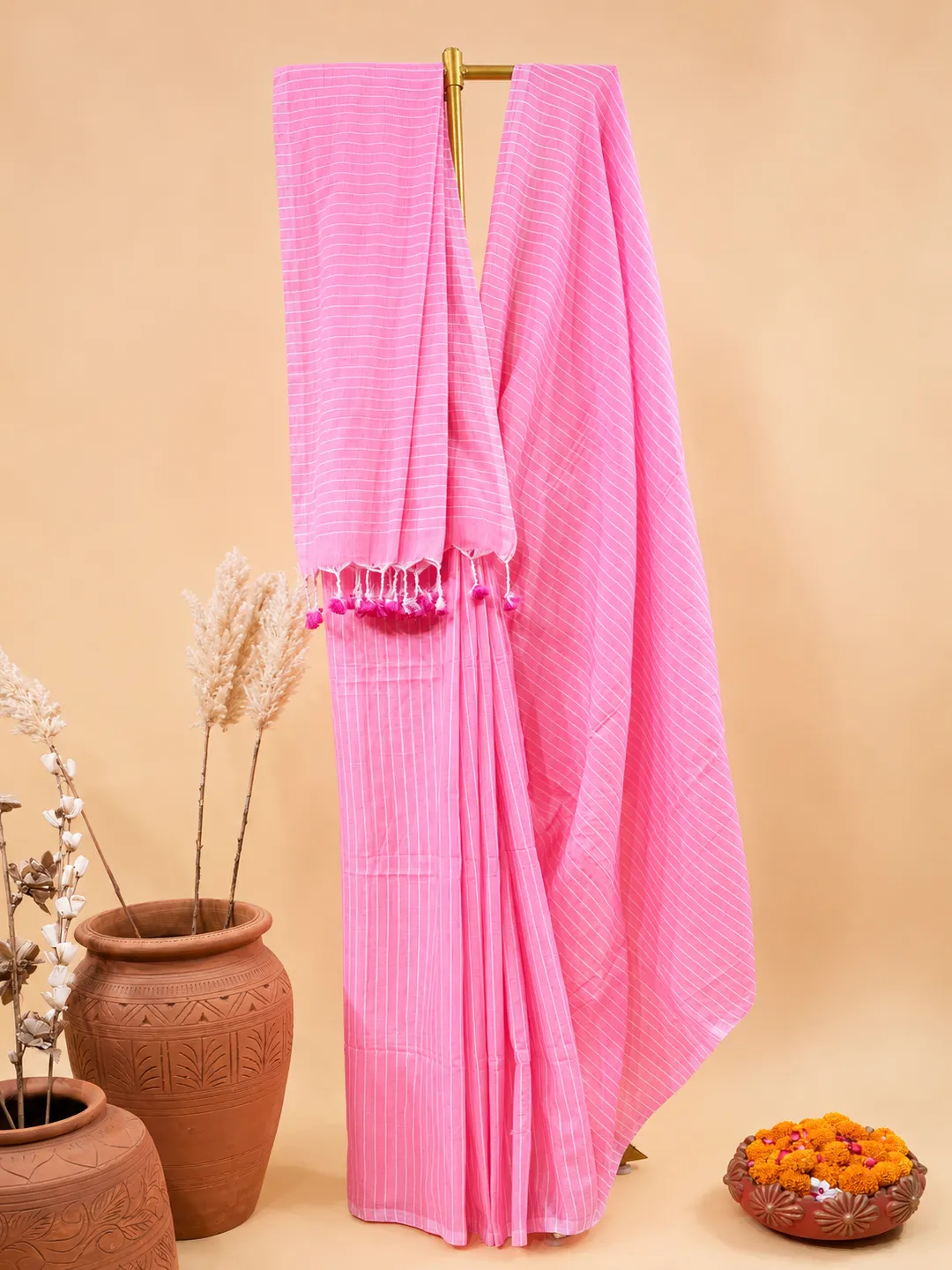 Pink Pink Striped Bengal Mul Cotton Saree With Tassels - View 3