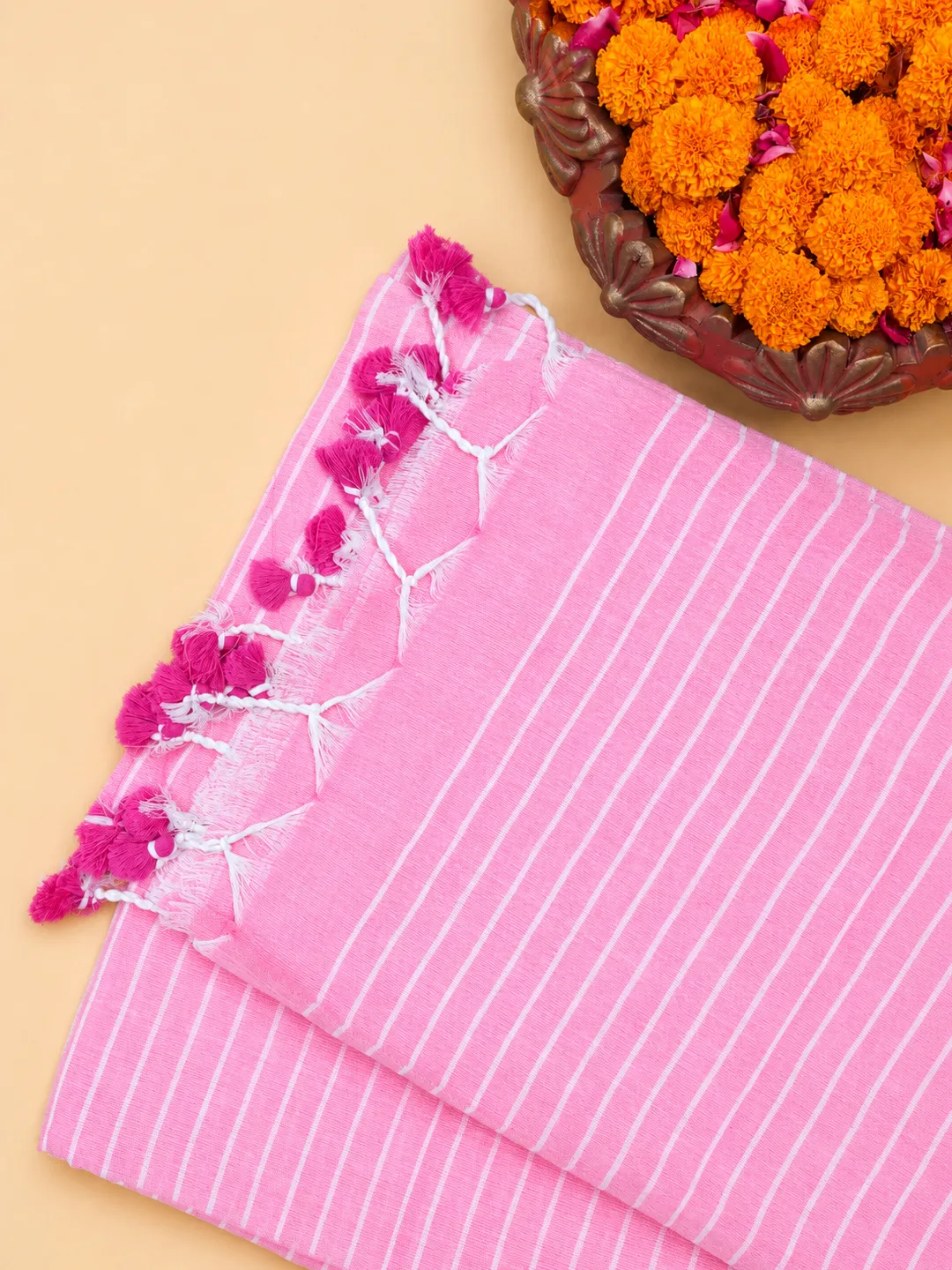 Pink Pink Striped Bengal Mul Cotton Saree With Tassels - View 5