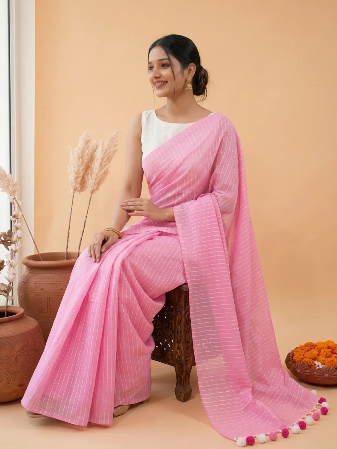 Pink Pink Striped Bengal Mul Cotton Saree With Tassels - View 2