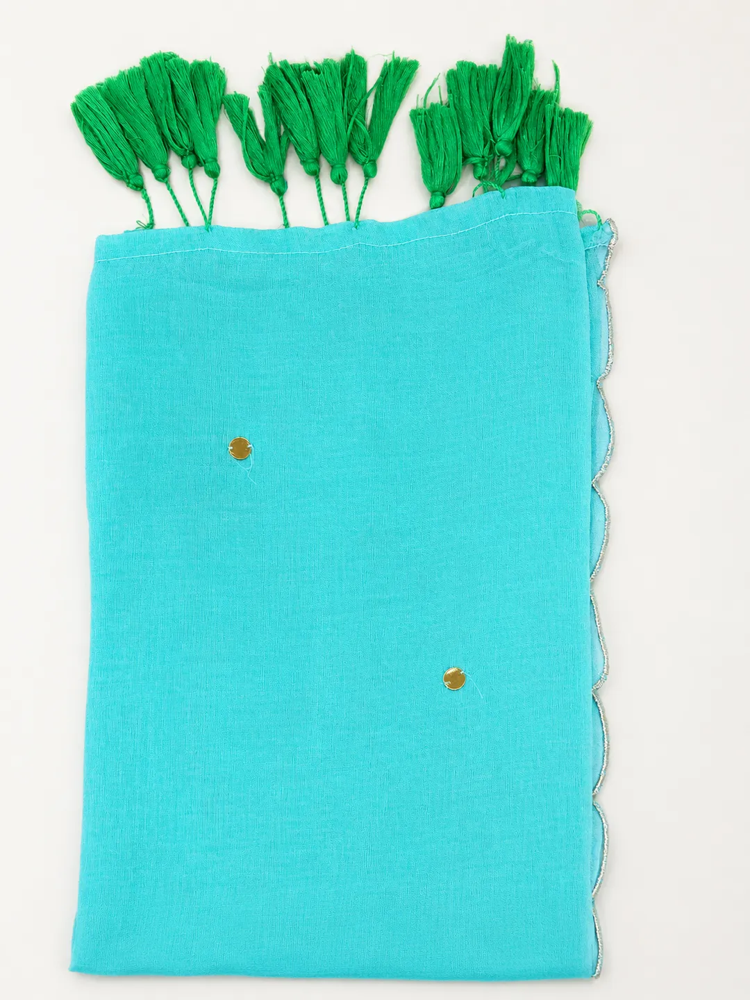 Sea Green Bengal Mul Cotton Saree With Gold Foil Buti & Tassels - View 5