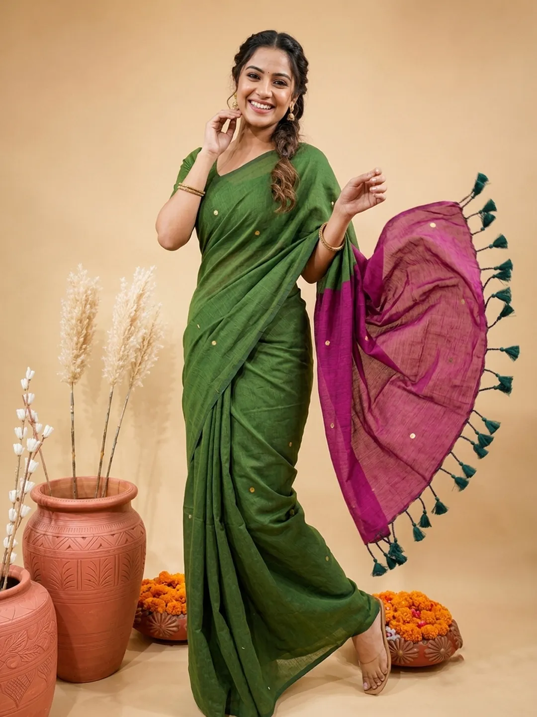 Green And  Magenta Dual Tone Bengal Cotton Saree With Gold Foil Buti And Tassels