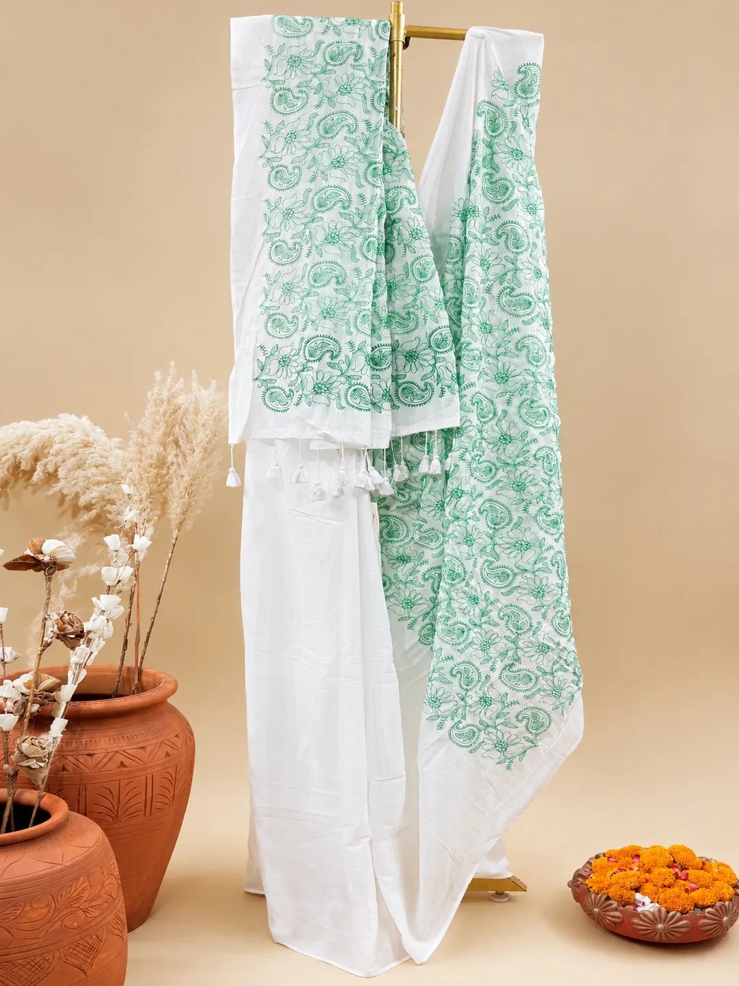 White Bengal Cotton Chikankari Sari Saree With Green Floral & Paisley Thread Work