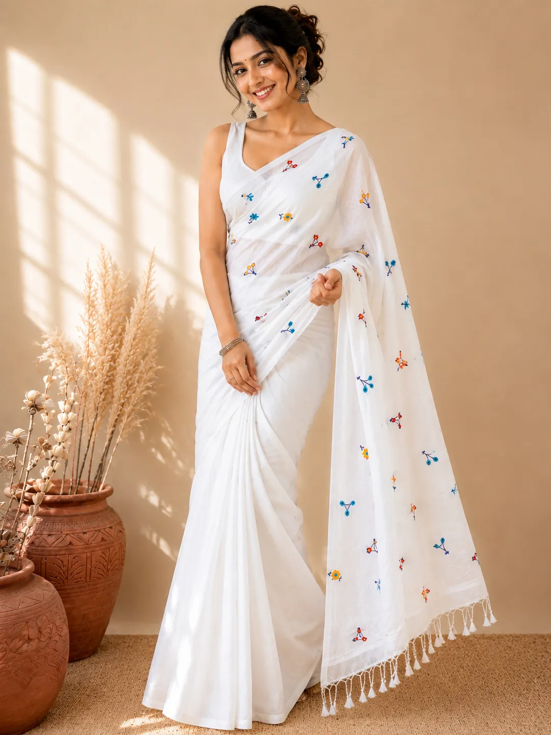 White Bengal Cotton Saree With Multicolor Floral Embroidery
