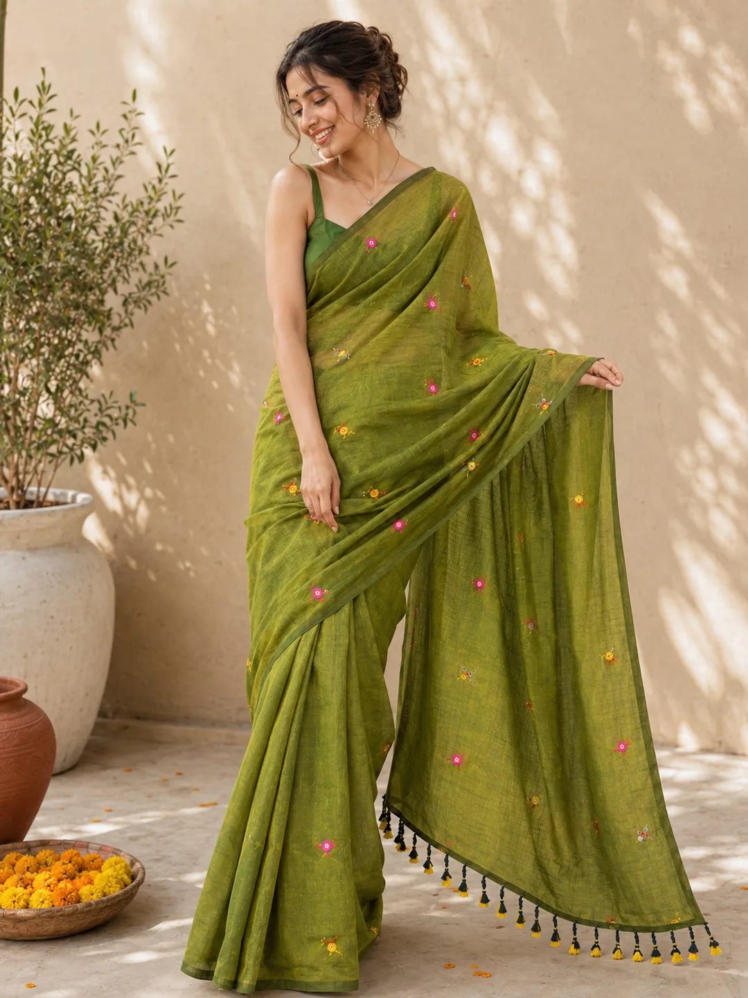 Green Green Bengal Khadi Cotton Saree With Multicolor Floral Embroidery