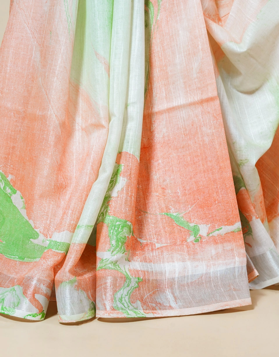 Peach Pastel Marble Print Cotton Slub Saree - View 5